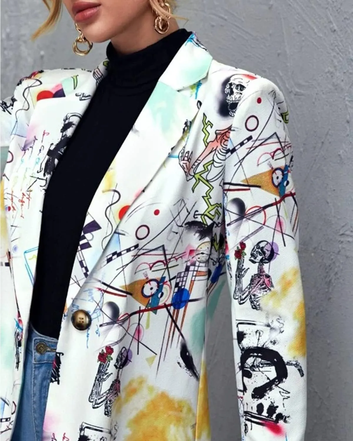 Womens Lapel Neck Long Sleeve Graffiti Work Blazer Coat Painted Casual One Button Dress Suit Jacket