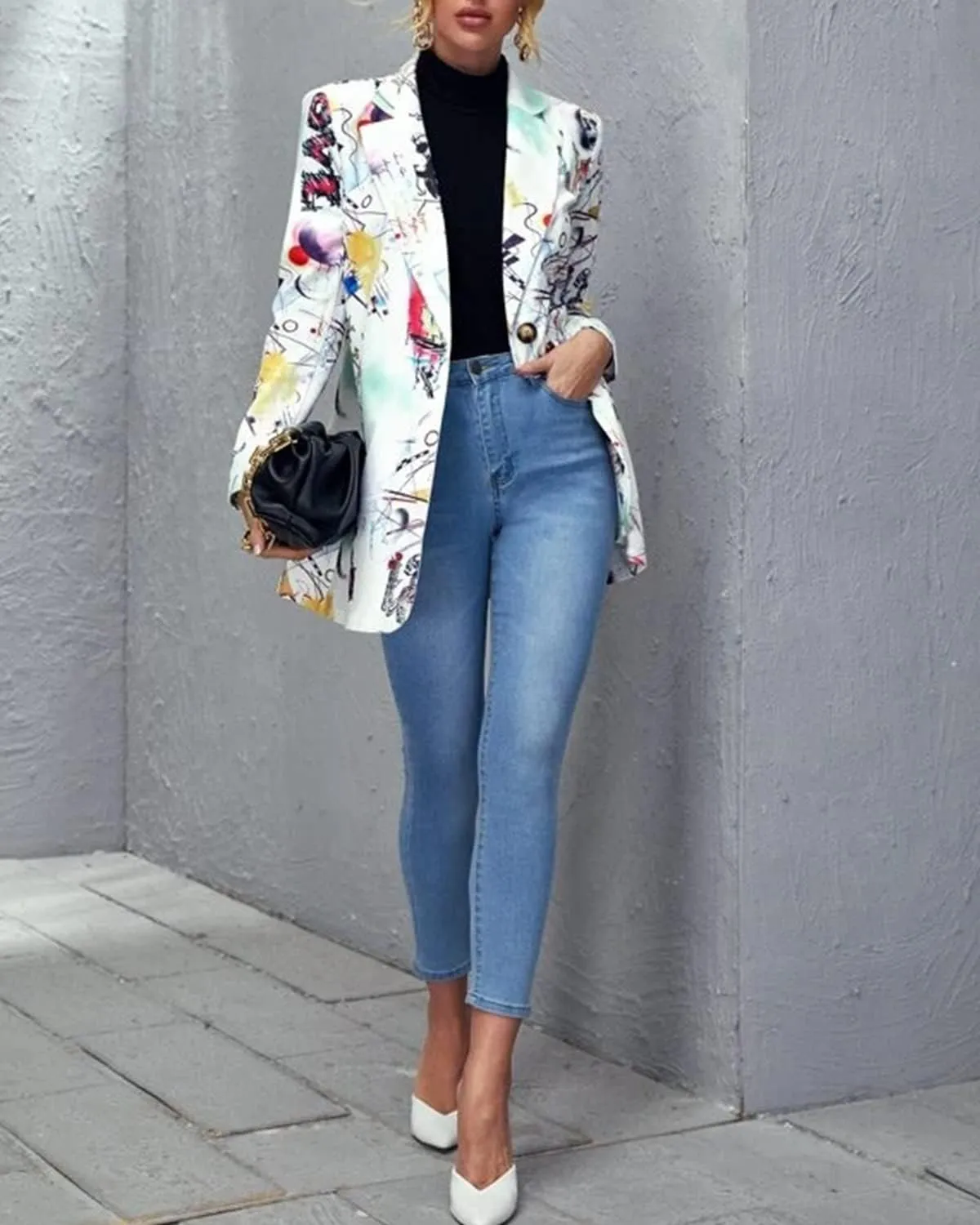 Womens Lapel Neck Long Sleeve Graffiti Work Blazer Coat Painted Casual One Button Dress Suit Jacket