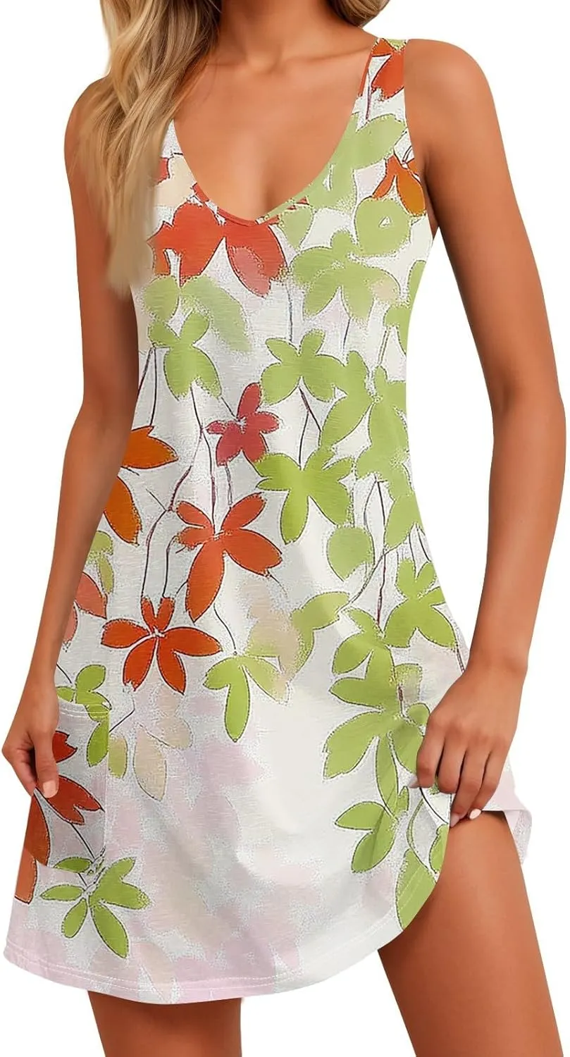 Women's Summer Dresses Beach Printed Swimsuit Coverup Vacation 2025 Sundress V Neck Sleeveless Dress with Pocket