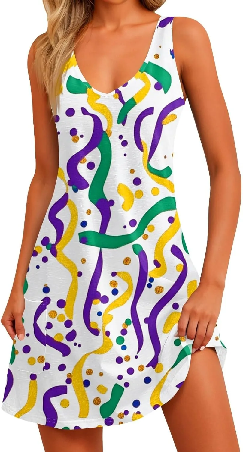 Women's Summer Dresses Beach Printed Swimsuit Coverup Vacation 2025 Sundress V Neck Sleeveless Dress with Pocket