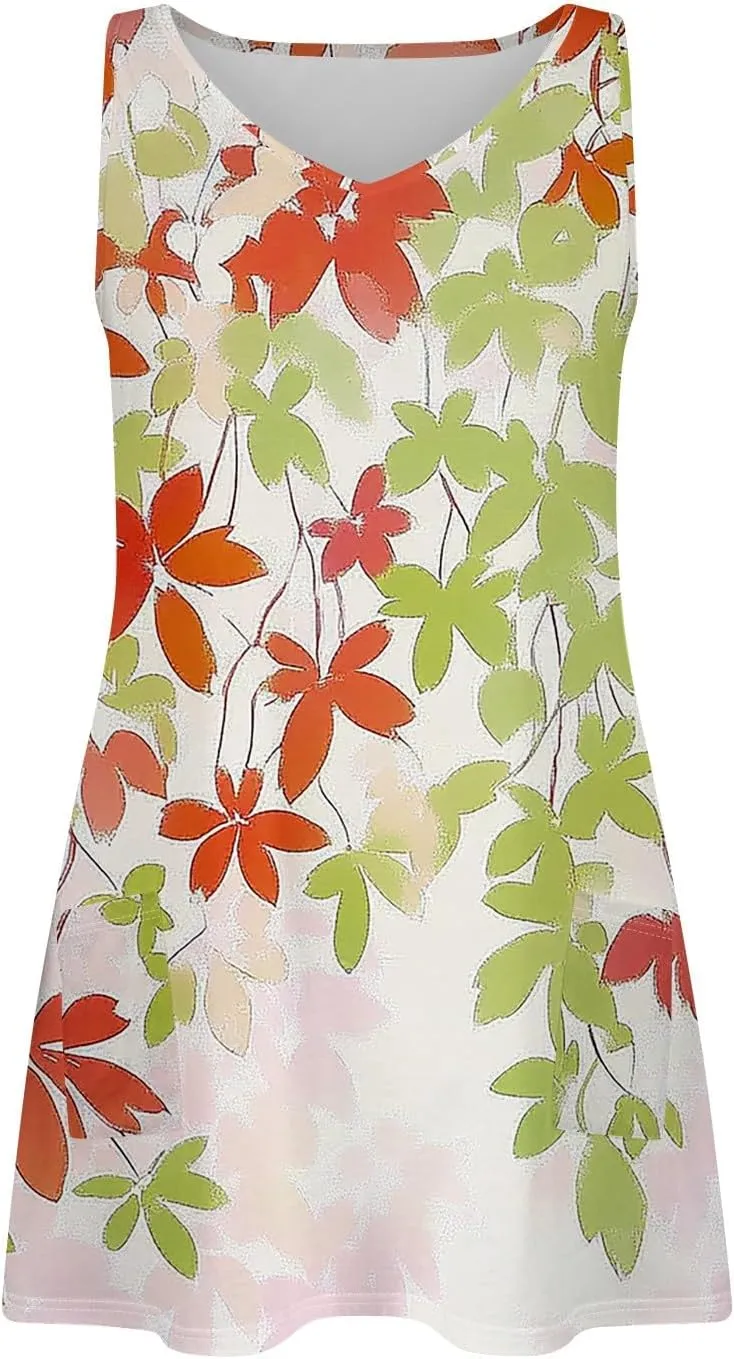 Women's Summer Dresses Beach Printed Swimsuit Coverup Vacation 2025 Sundress V Neck Sleeveless Dress with Pocket