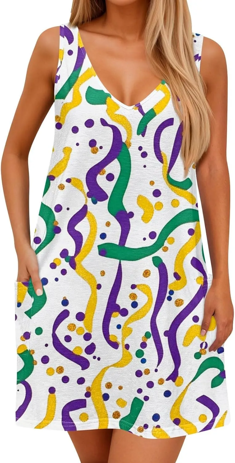 Women's Summer Dresses Beach Printed Swimsuit Coverup Vacation 2025 Sundress V Neck Sleeveless Dress with Pocket