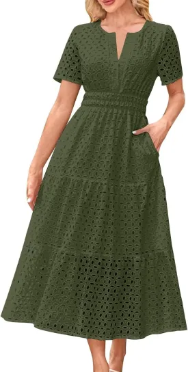 Womens Summer Midi Dresses Short Sleeve V Neck Hollow Out Eyelet Flowy Pleated Tiered A Line Swing Beach Vacation Dress