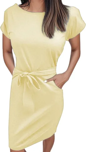 Womens Summer T Shirt Dress Casual Crew Neck Short Sleeve Tie Waist Midi Dresses Ruched Bodycon Beach Dress with Pockets