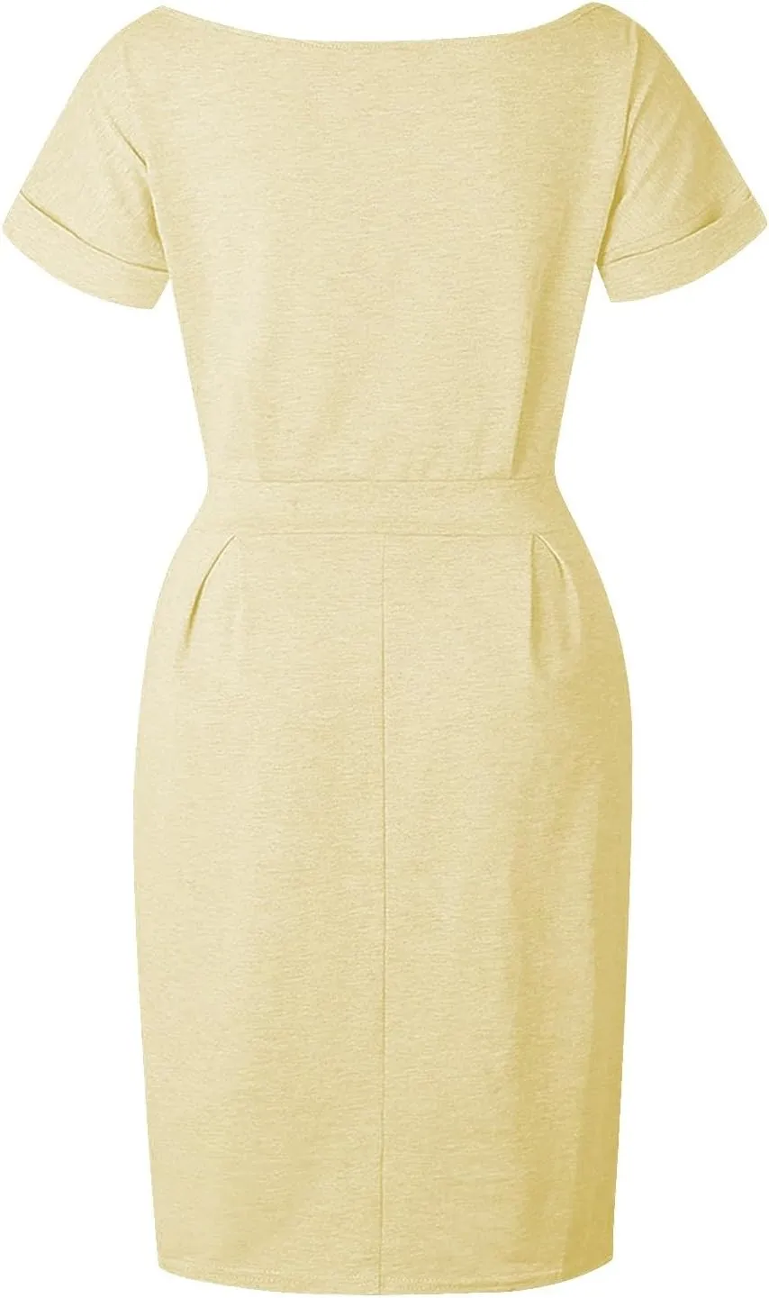Womens Summer T Shirt Dress Casual Crew Neck Short Sleeve Tie Waist Midi Dresses Ruched Bodycon Beach Dress with Pockets