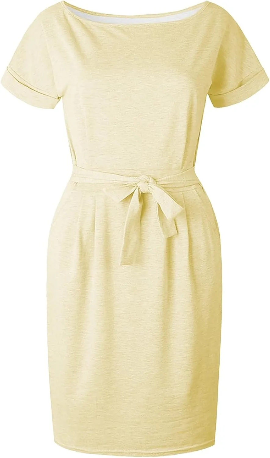 Womens Summer T Shirt Dress Casual Crew Neck Short Sleeve Tie Waist Midi Dresses Ruched Bodycon Beach Dress with Pockets