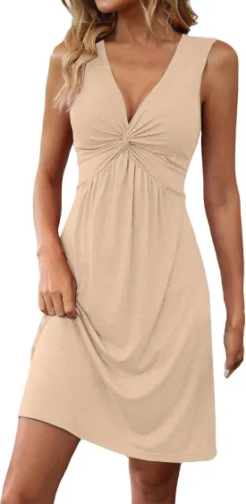 Women's Twist Front V Neck Ruffle Casual Summer Dress Sexy Elegant Sleeveless Club Party Tunic Bodycon Mini Dresses