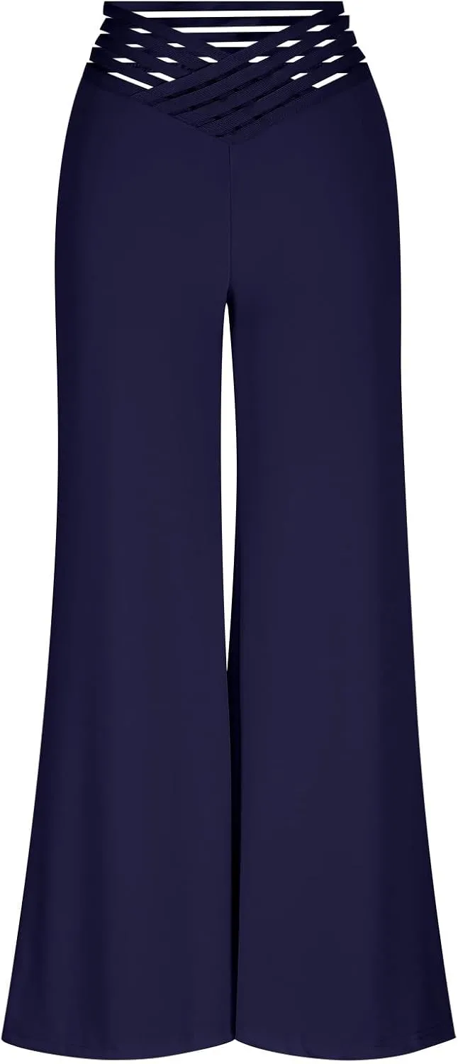Womens Wide Legs Pants Plus Size Summer Fashion Hollow Out High Rise Baggy Casual Comfy Palazzo Solid Color Pant