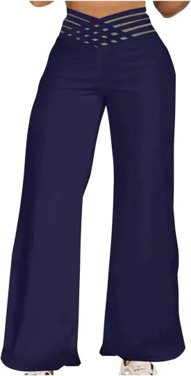 Womens Wide Legs Pants Plus Size Summer Fashion Hollow Out High Rise Baggy Casual Comfy Palazzo Solid Color Pant