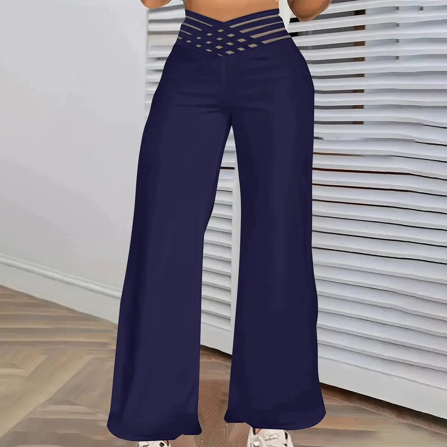 Womens Wide Legs Pants Plus Size Summer Fashion Hollow Out High Rise Baggy Casual Comfy Palazzo Solid Color Pant