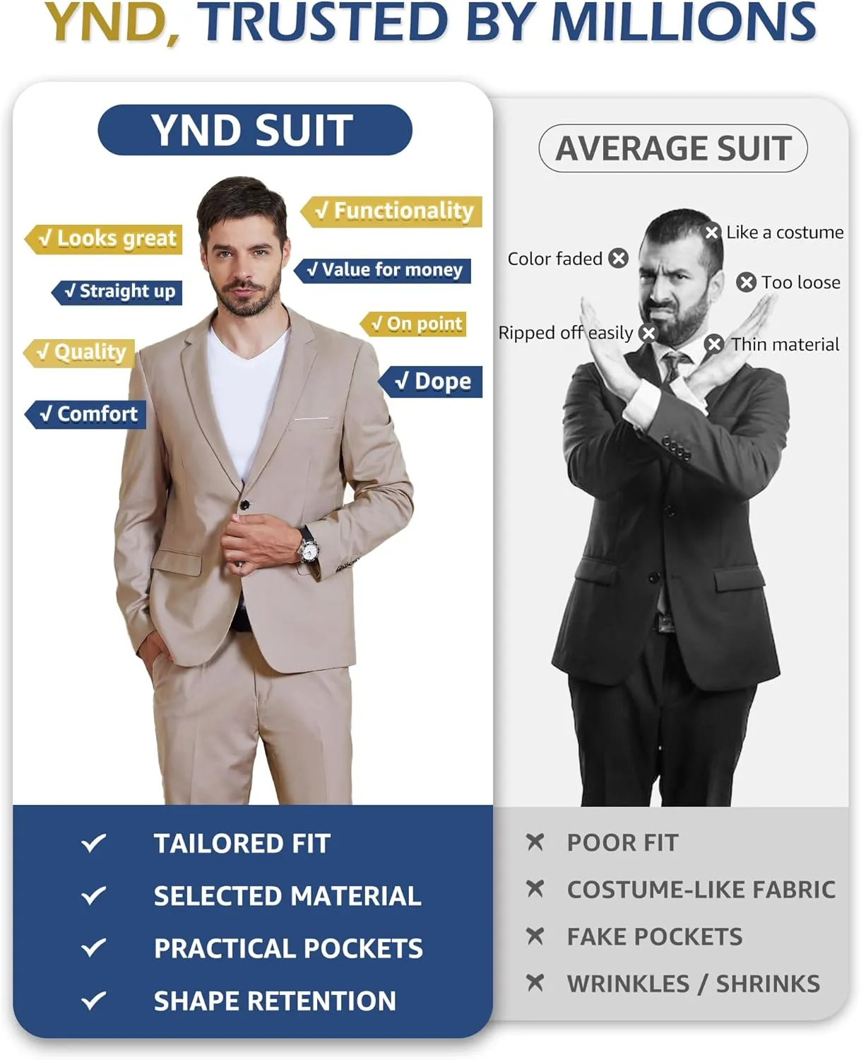 YND Men's Suit Jacket One Button Slim Fit Solid Coat Casual Blazer