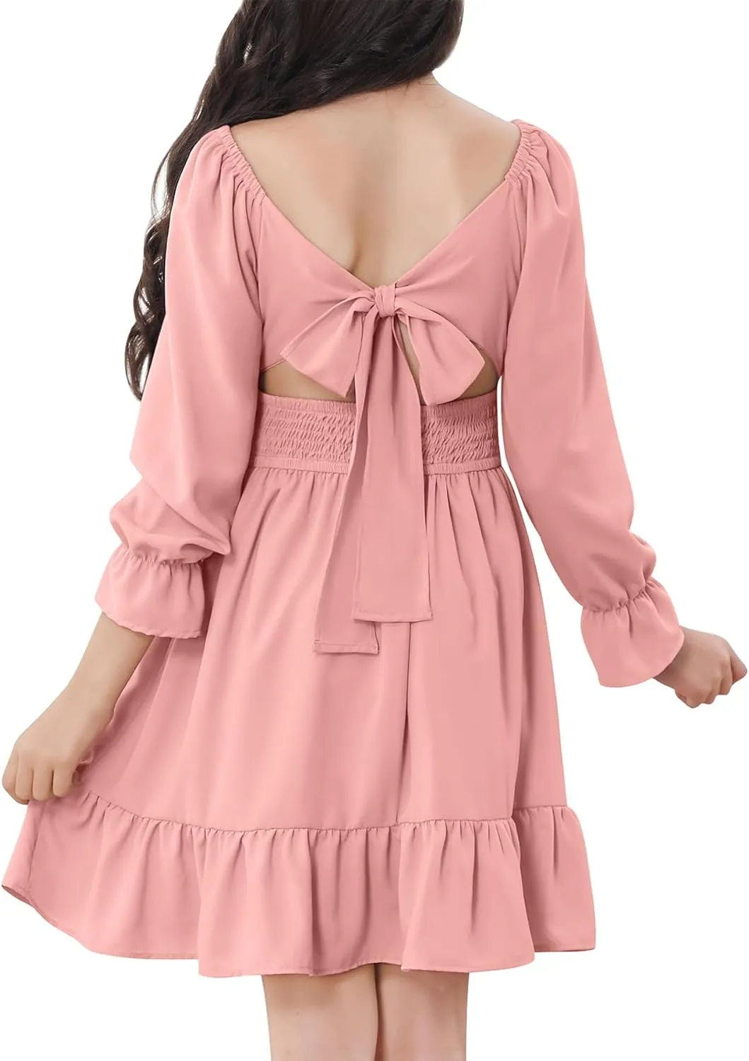 Zando Girls Dresses Long Sleeve Junior Dresses Back Tie Spring Dress for Girls 6-16 Years
