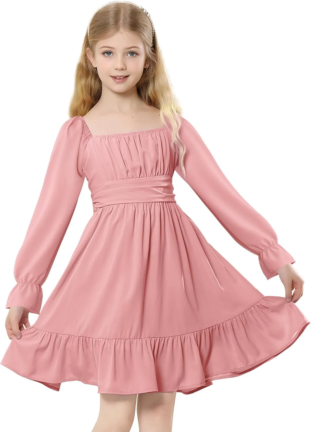 Zando Girls Dresses Long Sleeve Junior Dresses Back Tie Spring Dress for Girls 6-16 Years