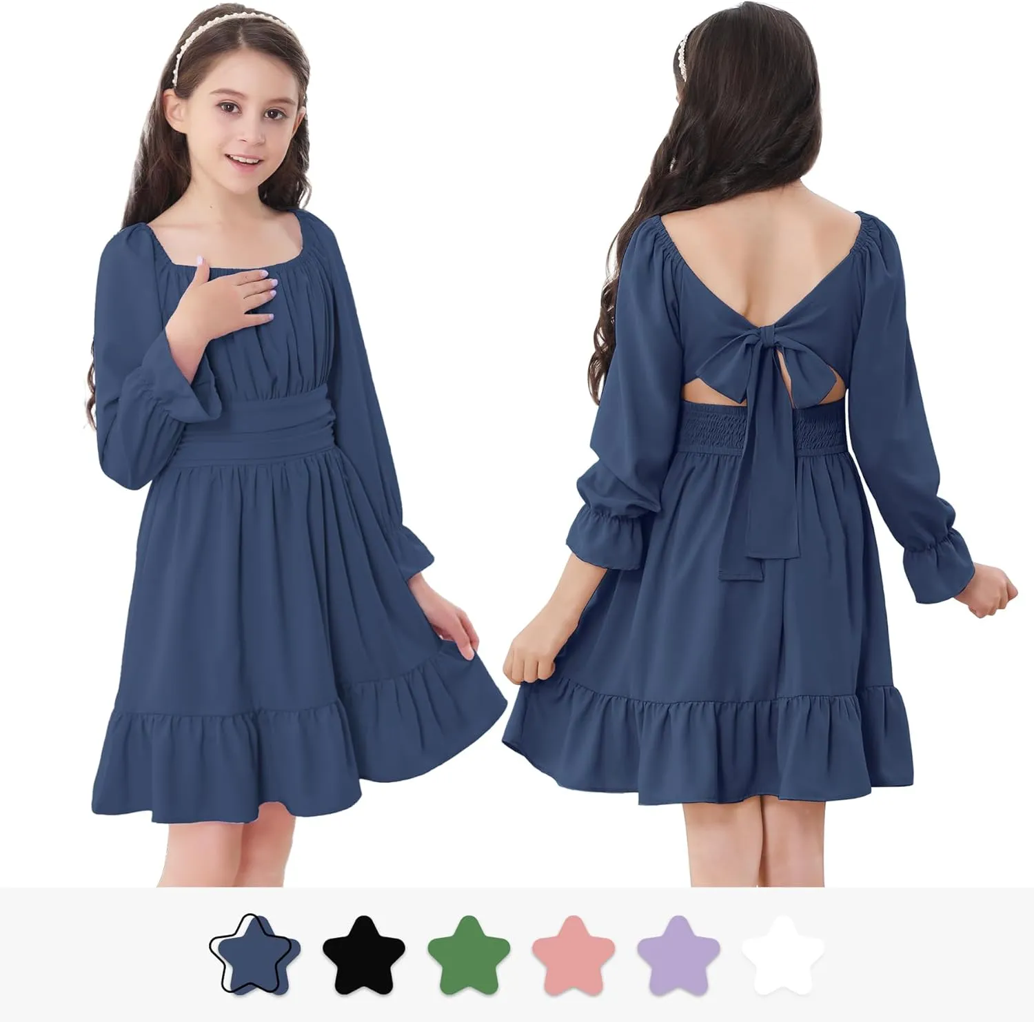 Zando Girls Dresses Long Sleeve Junior Dresses Back Tie Spring Dress for Girls 6-16 Years