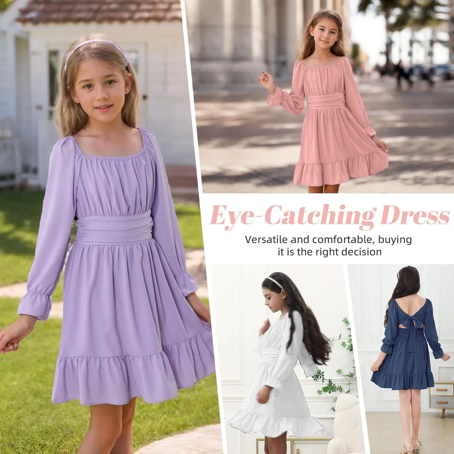 Zando Girls Dresses Long Sleeve Junior Dresses Back Tie Spring Dress for Girls 6-16 Years